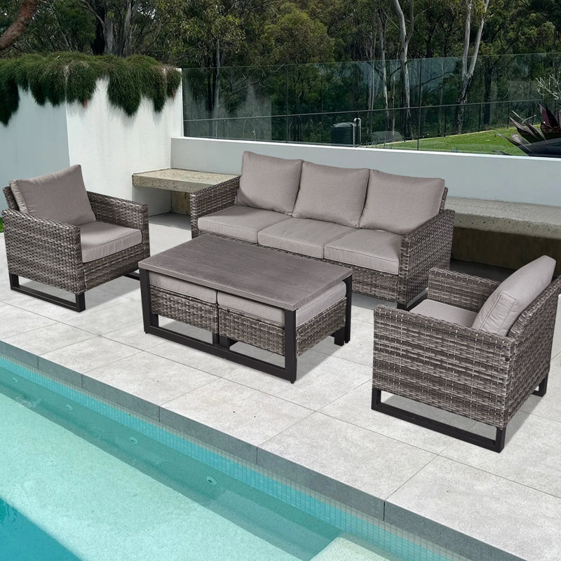 Nazime Wicker 5 - Person Patio Conversation Set with Cushions, Gray, Gray
