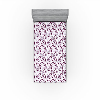 Ambesonne Leafy Pattern Fitted Sheet Leaves Cottagecore Eggplant Pale Lavender