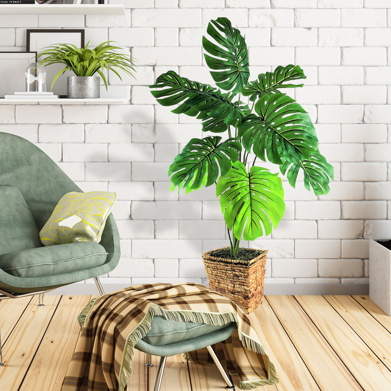40'' Faux Monstera Plant in Wicker/Rattan Basket