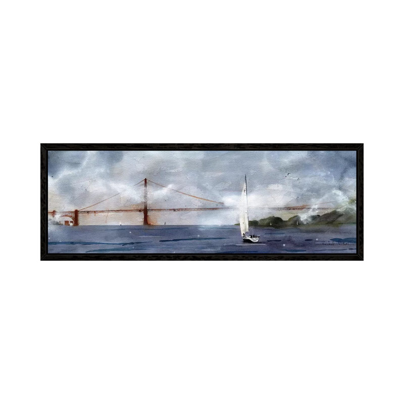 Landscape Golden Gate Foggy Sail by Rachel Parker - Panoramic Painting on Canvas, 121.92 cm H x 40.64 cm W, Black Framed