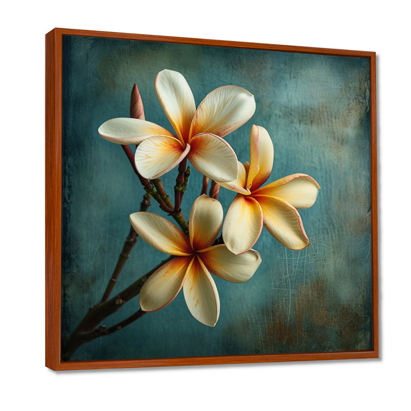 Fleur de plumeria blanc rétro bleu sarcelle I - salon d'art mural Plumeria, Cadre flottant brun, bois massif