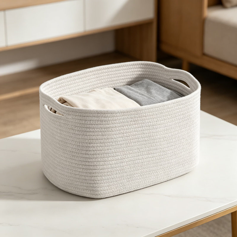 Woven Cotton Rope Storage Basket, Foldable Organizer Bin For Home, Nursery, And Office, Multi-Purpose Decorative Storage Solution With Handles