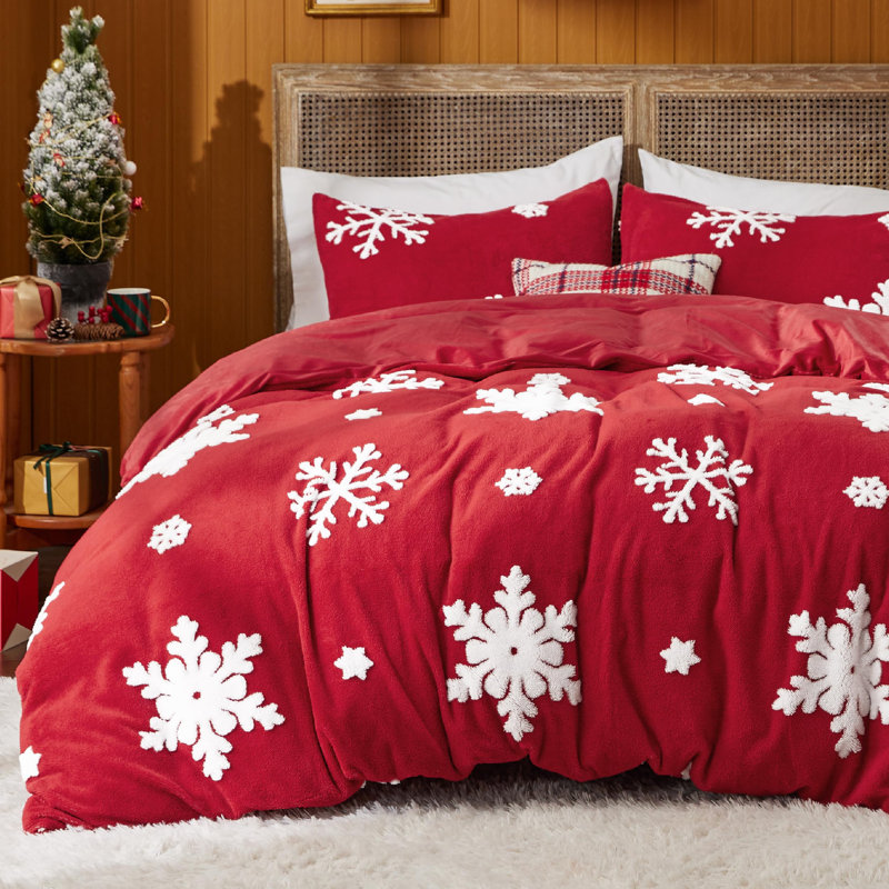 Ensemble de housse de couette Litsure Fluffy, Housse de couette pour très grand lit, Flocon de neige rouge