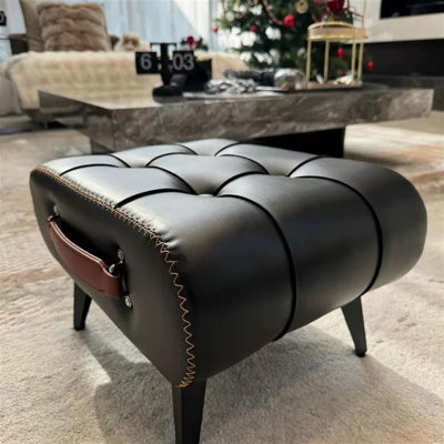 Modern Faux Leather Ottoman, Footstool With Steel Legs, Portable And Padded Seat, Foot Stool With Handle For Living Room, Bedroom, Entryway
