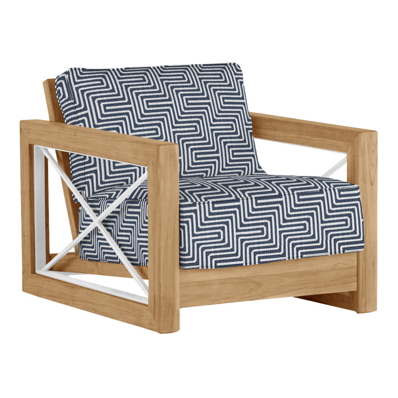 Malta Teak Outdoor Lounge Chair, Natural Teak, Perigold Key Figure Indigo, No welt + Dream fill