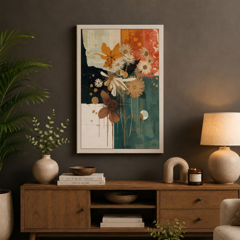 Geometric Bloom Arrangement Mid-Century - Wrapped Canvas, 18x12 - 45.7 x 30.5 cm, Taupe Border