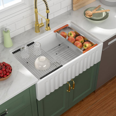 Lofeyo 30"x20"x10" Workstation Fireclay Farmhouse Sink - Multifunctional Apron Front Kitchen Sink, White Ceramic Porcelain Fireclay, Reversible Single Bowl, Farm Sink, LOF-LWFST302010S