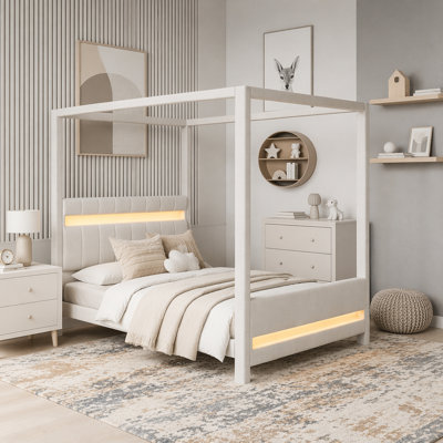 Queen Size Upholstered Canopy Platform Bed with LED Lights