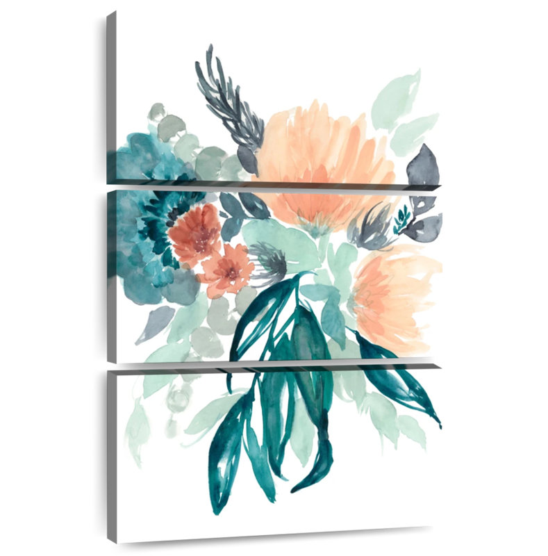 Bouquet Harnek bleu sarcelle et pêche I, H 74 po x l 48 po