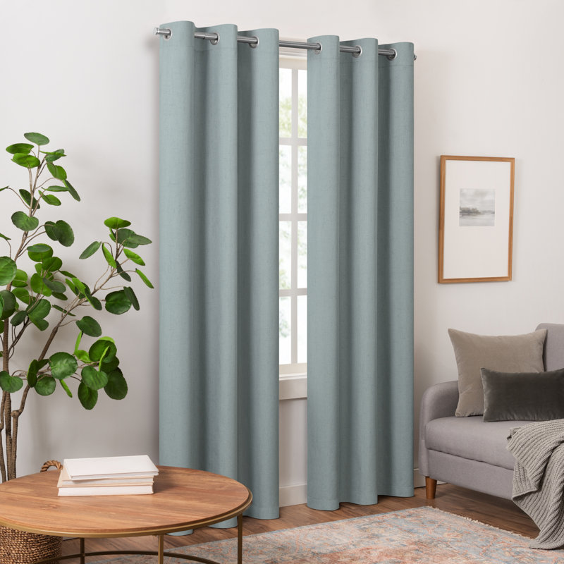 Eclipse Blackout Curtains, Pembroke Faux Linen Grommet Window Curtains, 108 in long x 42 in wide, Thermal Insulated and Noise Reducing Curtains for Living Room, Bedroom or Media Room, 2 Curtain Panels, Stormy Blue