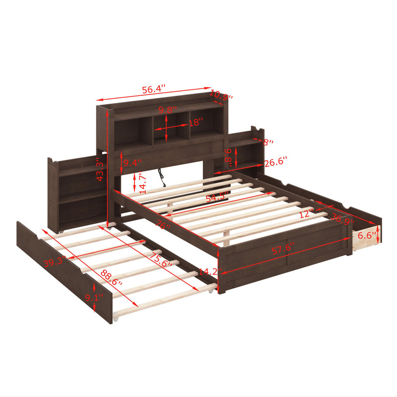 Full Size Storage Platform Bed With Pull Out Shelves, Twin Size Trundle And 2 Drawers
