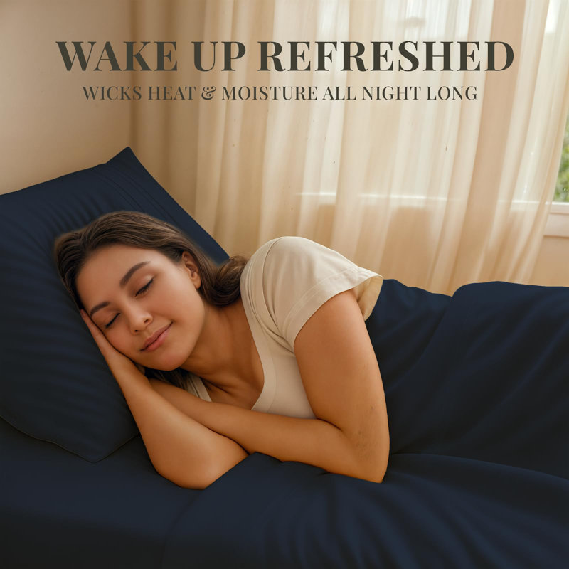Premium Rayon From Bamboo Blend Sheet Set With Deep Pockets, Cooling and Breathable, Twin Sheet Set with 2 Pillowcases, Navy