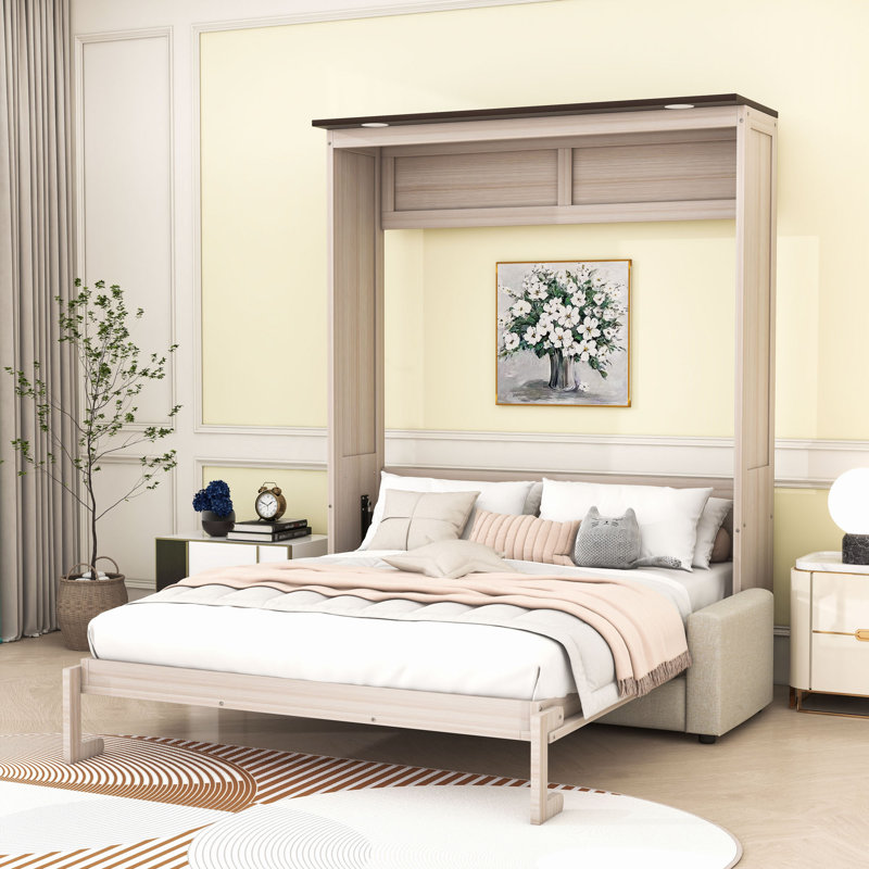 Grand lit escamotable en bois avec canapé et lumières DEL