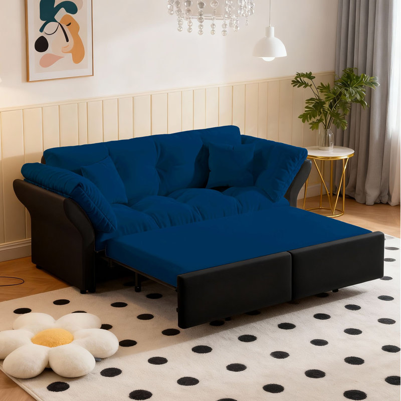 Canapé-lit convertible 3-en-1 Burwell, Velours bleu