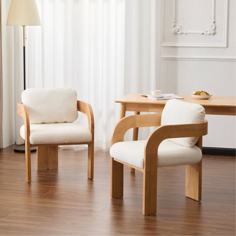 Ensemble de 2 chaises de salle à manger avec dossier coussiné, structure en bois massif, Bouclé blanc, Naturel