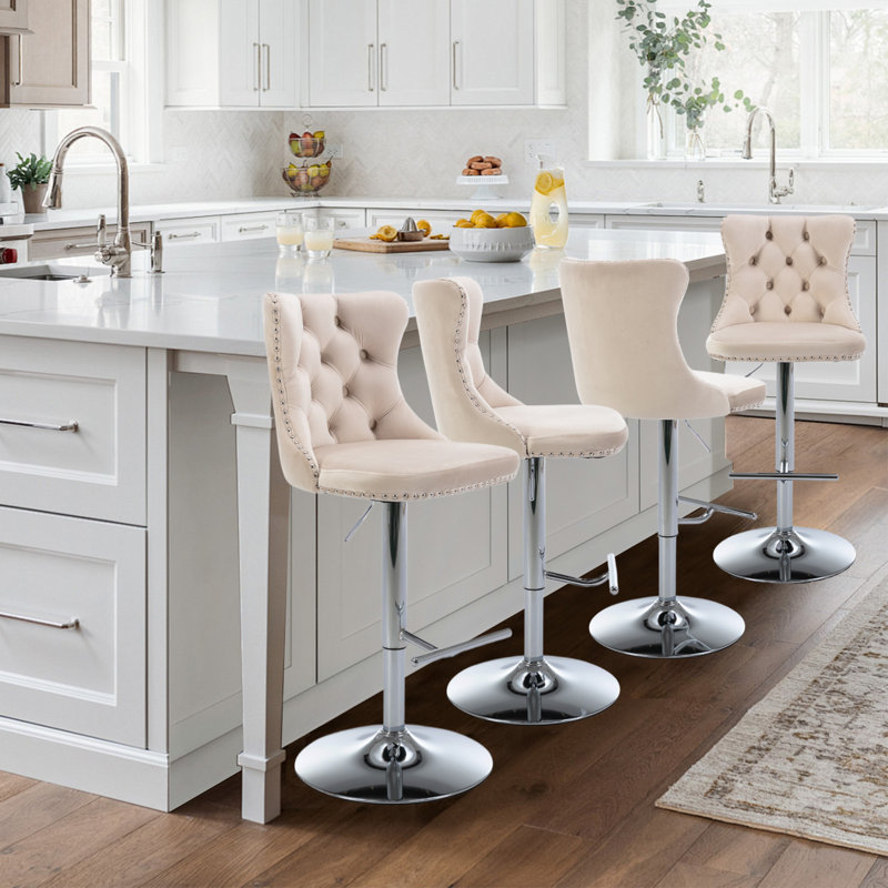 360°Swivel Adjustable Counter Height Bar Stools, Beige, 4, Sliver