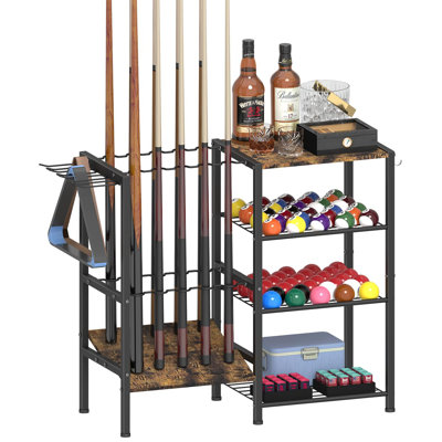 Support pour bâtons de billard pour 10 queues de billard, support de billard pour billard avec tablette de rangement à 4 niveaux pour accessoires de billard, organisateur de matériel de billard, noir