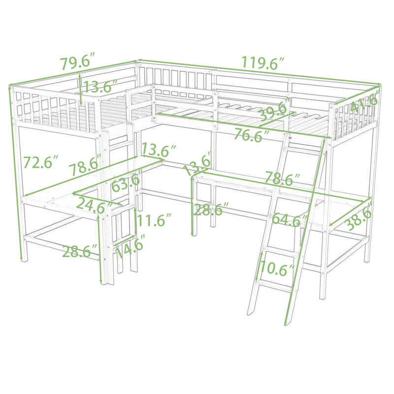 Lit mezzanine simple et simple en L avec échelle et 2 bureaux intégrés en L, Gris