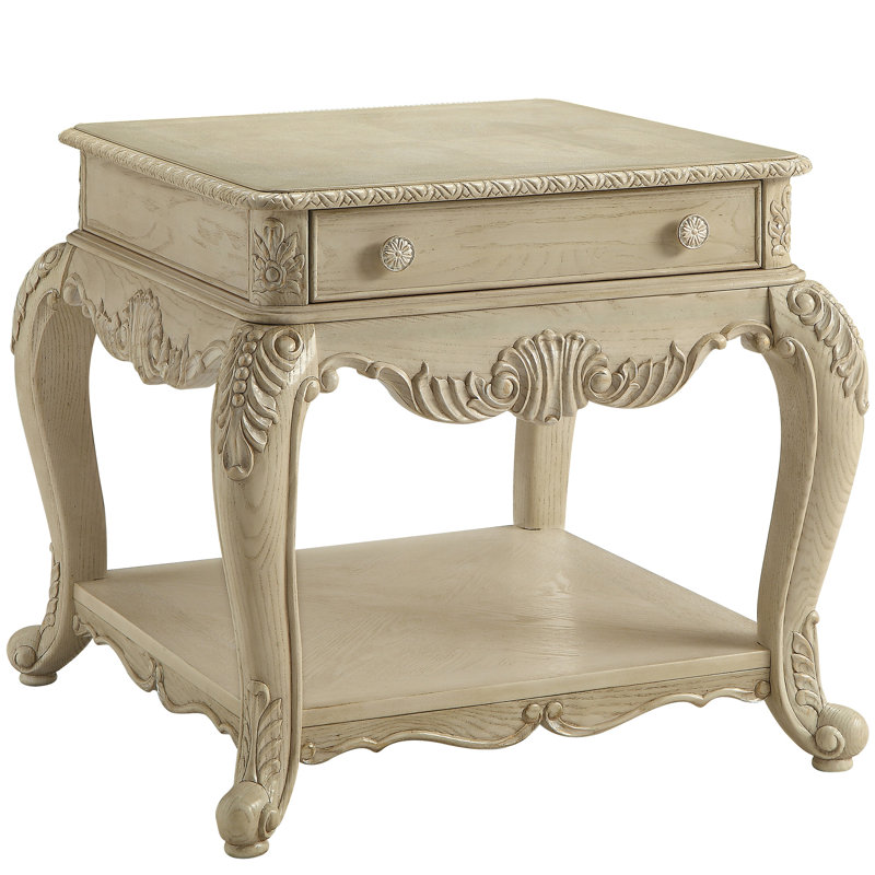 Table de bout Dazzling Antique White avec grand tiroir de rangement et tablette inférieure Jolly
