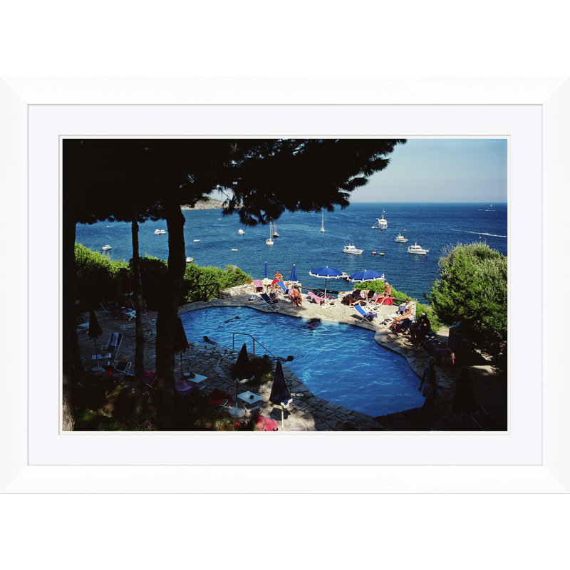 Pellicano Pool Print by Slim Aarons, White Single Picture Framed, 30" H x 41" W x 1.5" D