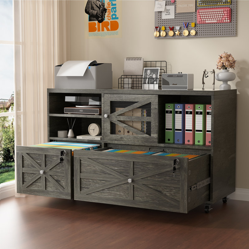 Lateral File Cabinet With Lock, 2 Drawer Mobile Filing Cabinet For Letter/legal/a4 Size, Open Storage Adjustable Shelf For Home Office Cabinets