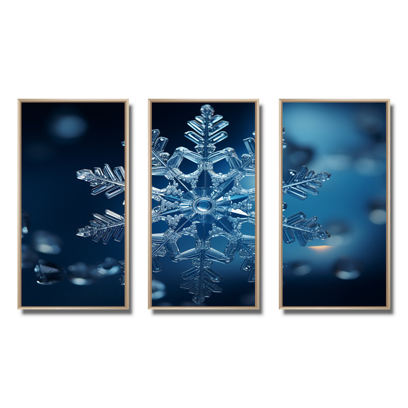 «Blue Snowflake Holiday I - Winter Landscape», art mural, Cadre flottant brun, H 32 po x l 48 po x P 1 po