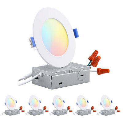 4" 5CCT Thin LED Recessed Lighting with J-Box, Dimmable Canless Slim Ceiling Downlight, CRI 90, White