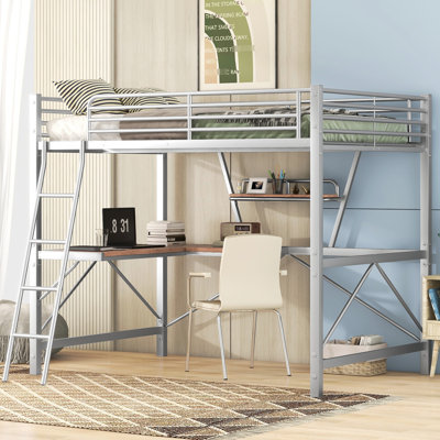 Lit mezzanine double moderne avec bureau et tablette Modern Silver - structure solide et sécuritaire, pas de sommier nécessaire