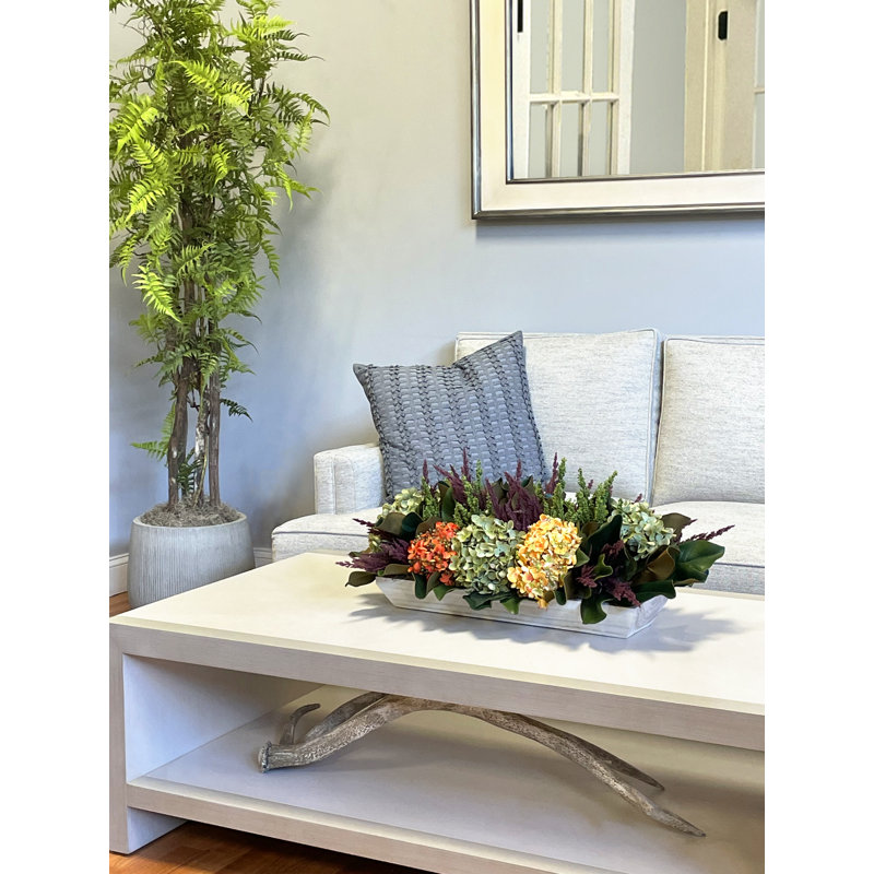 Hydrangea Fall Arrangement With Thistle And Heather In A Wood Bowl, White