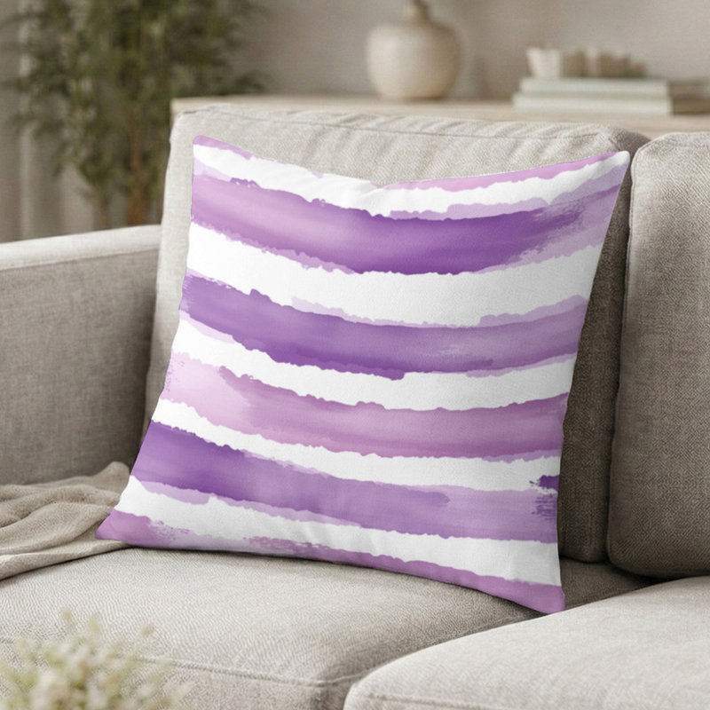 Coussin French Country - Coussin rayé à rayures mauve et blanc lavande, H 16 po x l 16 po