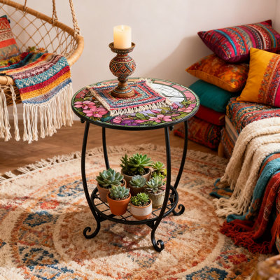14 Inch Hummingbird Mosaic Side Table, Metal Frame & Stained Glass Top, Indoor Outdoor Decor Table For Garden Porch Living Room Balcony