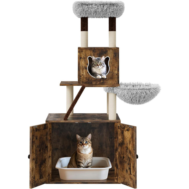 Arbre à chat 59 po moderne avec bac à litière caché, tour à plusieurs niveaux avec condo en bois, poteaux à griffer et coussins lavables
