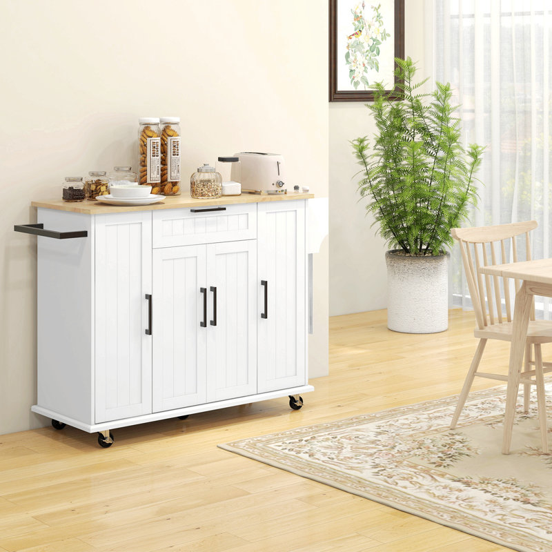 Îlot de cuisine sur roulettes, chariot de cuisine avec plateau en bois d'hévéa, tiroir, étagère à épices, porte-serviettes, armoire de rangement avec tablettes intérieures réglables