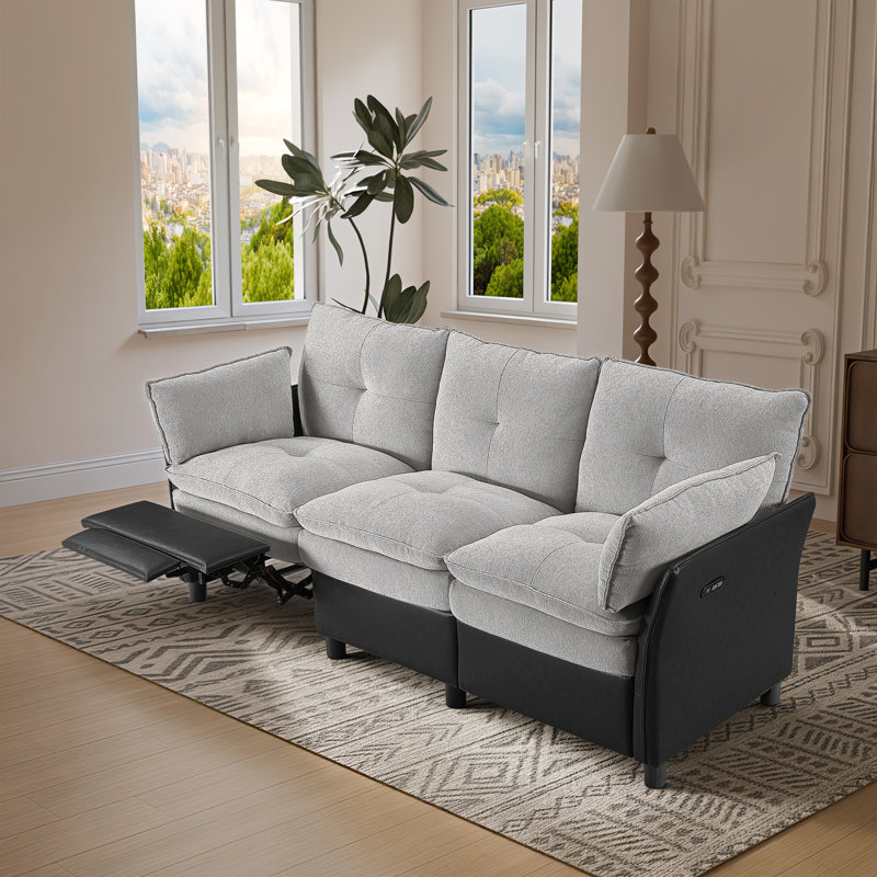 77"Wide Modern Double Layered Chenille and PU Power Recliner Sofa 3 Seater Couch with USB and Type-C Ports,Gray, Gray