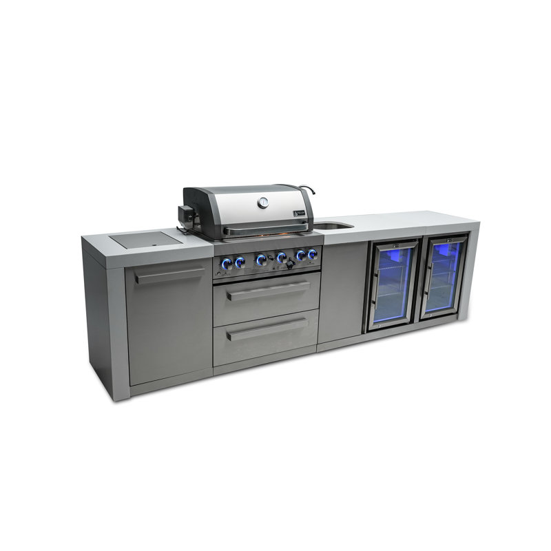 Îlot de cuisine modulaire de luxe en acier inoxydable de luxe l 120 po Mont Alpi + 2 réfrigérateurs + robinet et évier central pour boissons + barbecue à gaz 4 brûleurs de 32 po et brûleur latéral + armoires et tiroirs de rangement