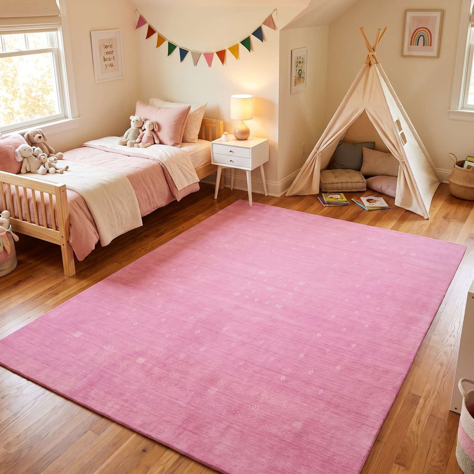 Simi Hand-Woven Geometric Cotton Wool Rug, Pink, Rectangle 4' x 6'