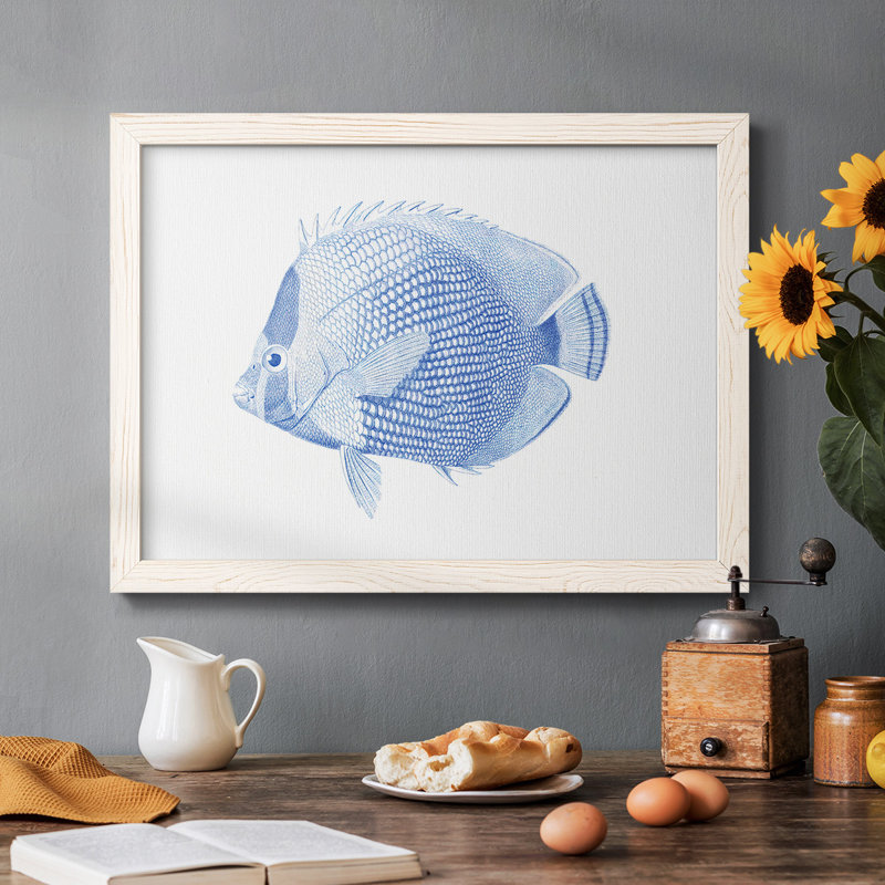 «Blue & White Tropical Fish VI», reproduction d'art sur toile, Cadre blanc, H 22 po x l 32 po x P 1,5 po