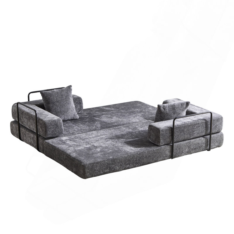 Boneless 76.77" Convertible Floor Compression Sofa Bed, 3-Seat Chenille Futon Couch with Pillow Back Support & Armrest, Foam Frameless Sleeper Sofa for Living Room Bedroom