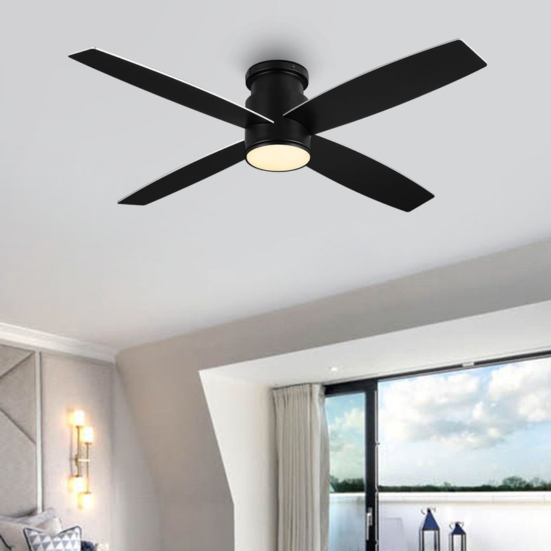 Ventilateur de plafond encastré à 4 pales en métal et bois Bonnitta, Noir, 52", Noir