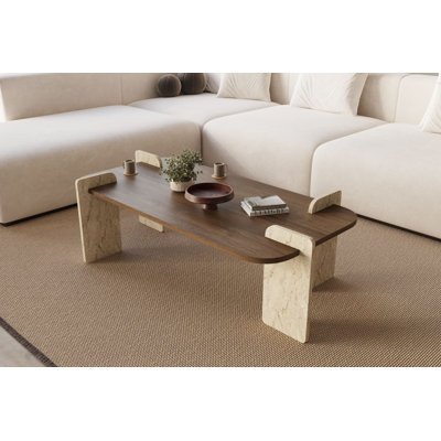 Table basse moderne, finition noyer et travertin, 47,2 po x 13,8 po x 23,6 po | Panneau de particules 100% mélaminé | Conception élégante pour les salons et les bureaux contemporains, assemblage facile requis