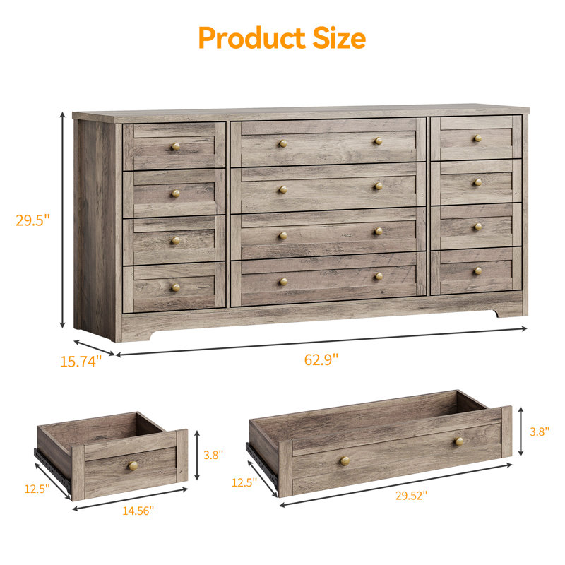 Wooden Dressers for Bedroom with 12 Drawers, Wide TV Stand Dresser for 65 Inch TV, Chest of Drawers, Wood Modern Clothes Storage Organizer for Living Room, Hallway
