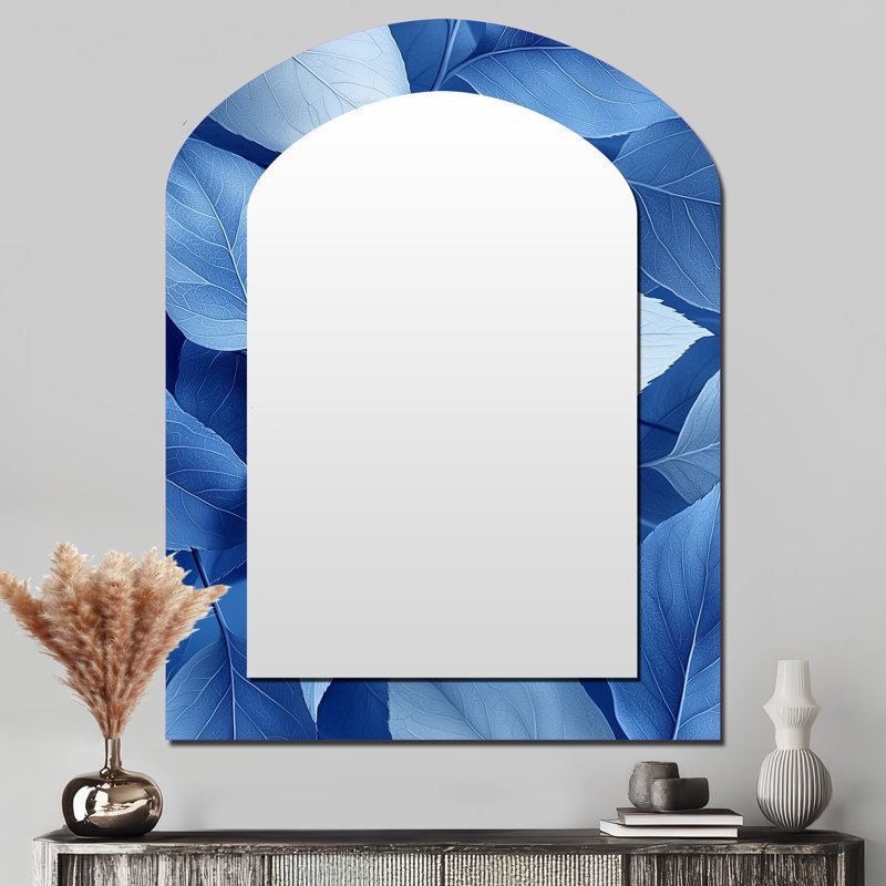 Periwinkle Leaves Of Blue Simplicity II - Leaves Irregular Shape Large Wall Mirror, Traditional Asymmetrical Unique Mirror, Printed Metal Art