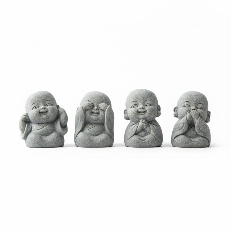1.65" Small Laughing Buddha Figurines (4Pcs) | Gray Sandstone Luck Decor