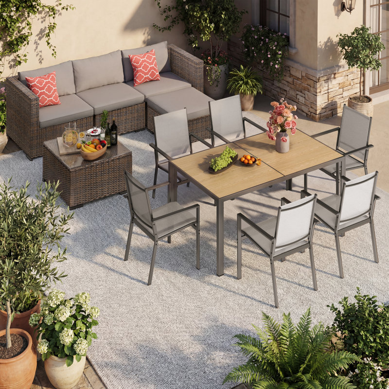 12-Piece Outdoor Patio Furniture Set: Includes 6-Seater Dining Group And Corner Sectional Sofa With Ottoman And Coffee Table