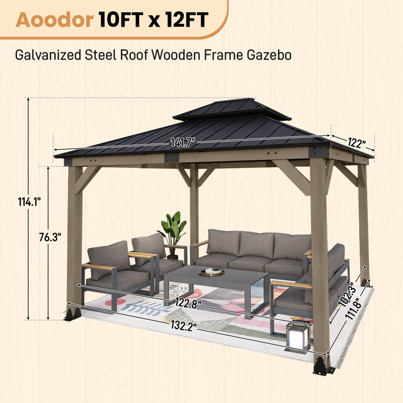 Aoodor Solid Wood Gazebo, 12ft W x10ft D