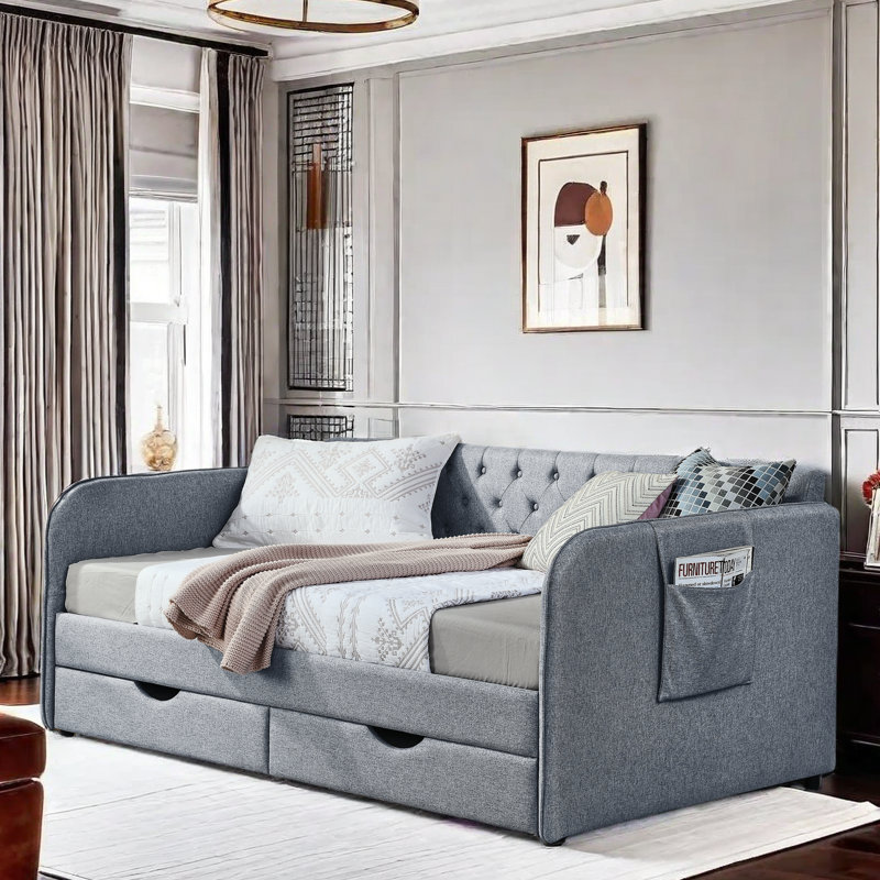 Tanikia Upholstery Daybed with Trundle, Pocket and 2 Drawers, Gray