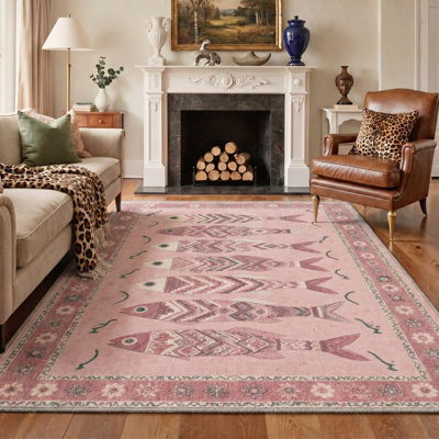 Tapis rose / ivoire lavable à motif oriental poisson avec envers antidérapant