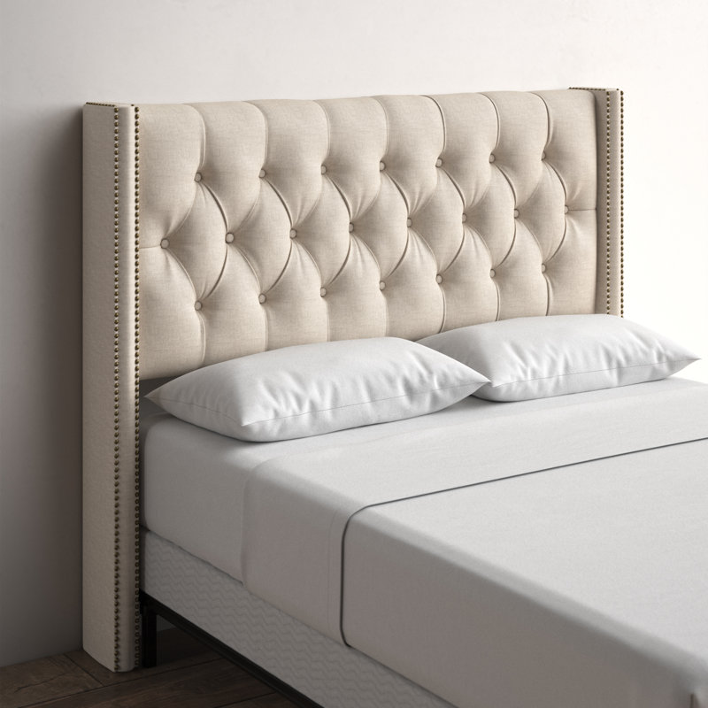 Whitingham Solid Wood Headboard, King, Classic Talc Linen, Brass