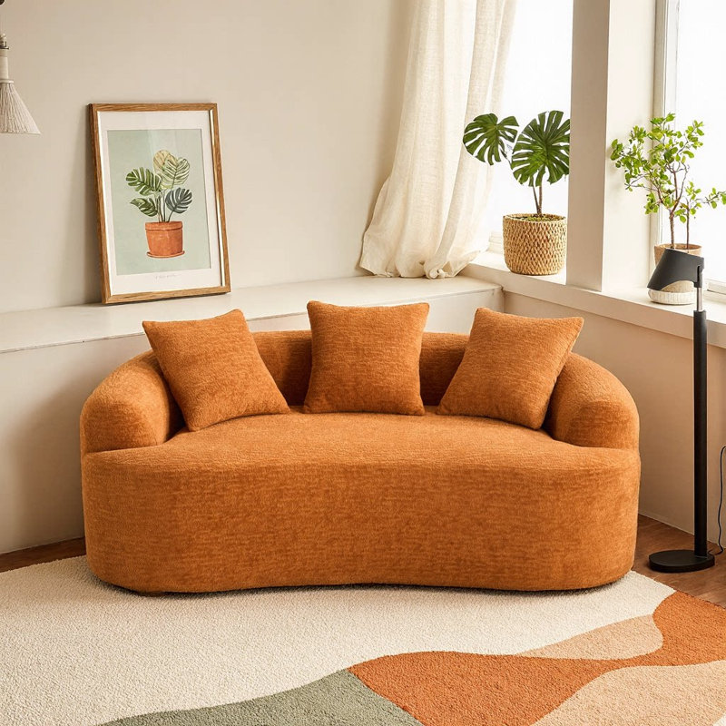 Causeuse courbée orange élégante - Canapé ultra-moelleux en chenille 30D pour coins confortables et petits espaces, L 65 po, aucun assemblage requis
