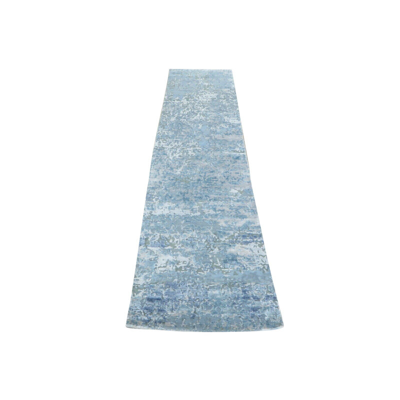 Tapis de zone de tapis de couloir 2 pi 6 po x 10 pi 3 po one-of-kind à la main noué la blue
